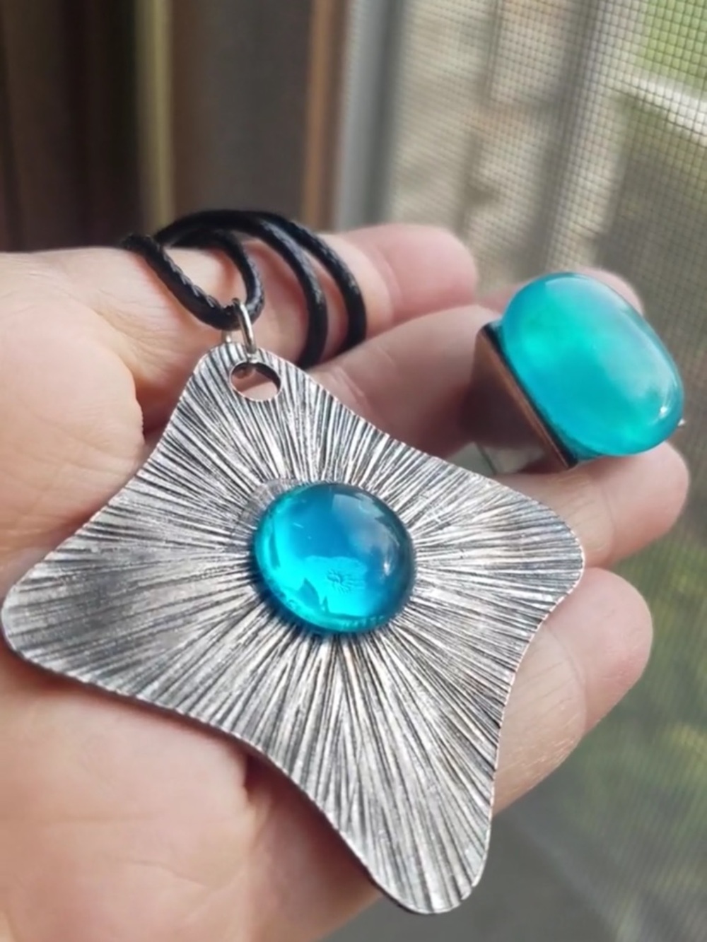 Fusion Glass Turquoise Blue Statement Pendant Necklace Handmade from Greece